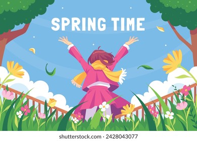 Spring Background. Hello Spring season. Cartoon Vector illustration design for Poster, Banner, Flyer, Greeting, Card, Cover, Post, Promotion. beautiful and colorful plants, leaves and flowers.