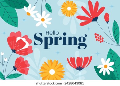 Spring Background. Hello Spring season. Cartoon Vector illustration design for Poster, Banner, Flyer, Greeting, Card, Cover, Post, Promotion. beautiful and colorful plants, leaves and flowers.