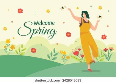Fondo de primavera. Hola temporada de primavera. Diseño de ilustración vectorial de dibujos animados para póster, pancarta, volante, saludo, tarjeta, cubierta, correo, promoción. hermosas y coloridas plantas, hojas y flores.