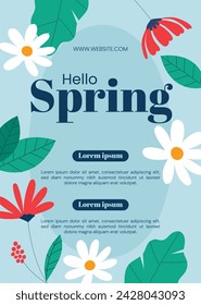 Fondo de primavera. Hola temporada de primavera. Diseño de ilustración vectorial de dibujos animados para póster, pancarta, volante, saludo, tarjeta, cubierta, correo, promoción. hermosas y coloridas plantas, hojas y flores.