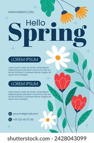 Spring Background. Hello Spring season. Cartoon Vector illustration design for Poster, Banner, Flyer, Greeting, Card, Cover, Post, Promotion. beautiful and colorful plants, leaves and flowers.