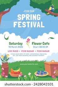 Spring Background. Hello Spring season. Cartoon Vector illustration design for Poster, Banner, Flyer, Greeting, Card, Cover, Post, Promotion. beautiful and colorful plants, leaves and flowers.