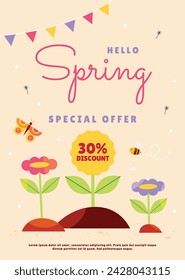 Spring Background. Hello Spring season. Cartoon Vector illustration design for Poster, Banner, Flyer, Greeting, Card, Cover, Post, Promotion. beautiful and colorful plants, leaves and flowers.