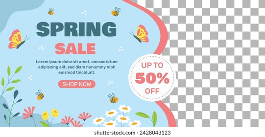 Spring Background. Hello Spring season. Cartoon Vector illustration design for Poster, Banner, Flyer, Greeting, Card, Cover, Post, Promotion. beautiful and colorful plants, leaves and flowers.