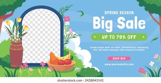 Spring Background. Hello Spring season. Cartoon Vector illustration design for Poster, Banner, Flyer, Greeting, Card, Cover, Post, Promotion. beautiful and colorful plants, leaves and flowers.