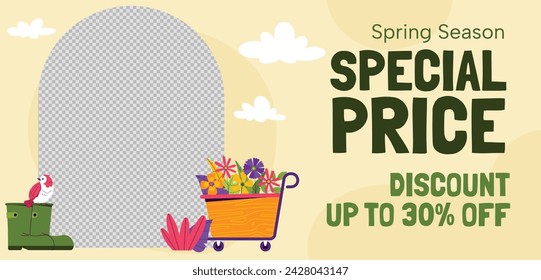 Spring Background. Hello Spring season. Cartoon Vector illustration design for Poster, Banner, Flyer, Greeting, Card, Cover, Post, Promotion. beautiful and colorful plants, leaves and flowers.