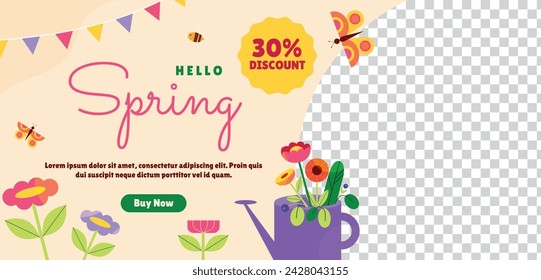 Fondo de primavera. Hola temporada de primavera. Diseño de ilustración vectorial de dibujos animados para póster, pancarta, volante, saludo, tarjeta, cubierta, correo, promoción. hermosas y coloridas plantas, hojas y flores.