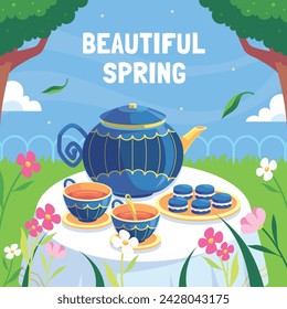 Spring Background. Hello Spring season. Cartoon Vector illustration design for Poster, Banner, Flyer, Greeting, Card, Cover, Post, Promotion. beautiful and colorful plants, leaves and flowers.