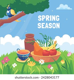 Fondo de primavera. Hola temporada de primavera. Diseño de ilustración vectorial de dibujos animados para póster, pancarta, volante, saludo, tarjeta, cubierta, correo, promoción. hermosas y coloridas plantas, hojas y flores.