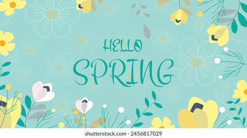 Spring Background. Hello Spring season. Vector illustration design for Poster, Banner, Flyer, Greeting, Card, Cover, Post, Promotion. beautiful and colorful plants, leaves and flowers.