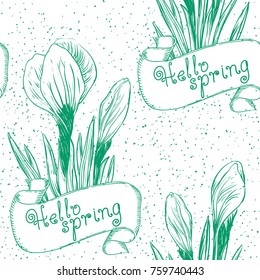 Spring background. Hello spring! Vector ornate seamless  patterns of crocus at retro engraving style.