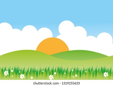 spring background with hills and flowers