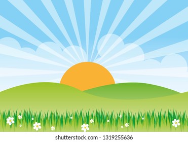 spring background with hills and flowers