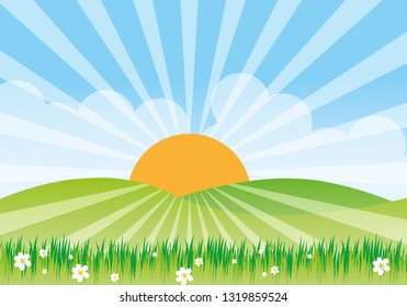spring background with hills and flowers