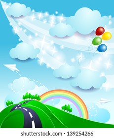 Spring background with hilly road, vector