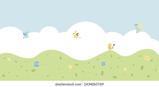 Fondo de primavera. Plantilla de banner abstracto de vacaciones con cielo, pájaro y nube . Tarjeta con decoración. Ilustración simple del vector.