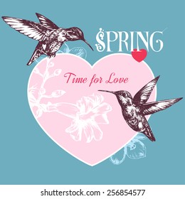 Spring background with hummingbirds, flowers and hearts