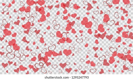 Spring background. The idea of wallpaper design, textiles, packaging, printing, holiday invitation for Valentine's Day. Red on Transparent fond Vector. Red hearts of confetti are flying.