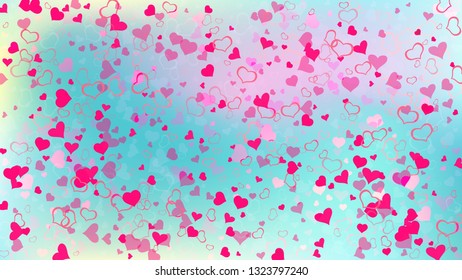 Spring background. The idea of wallpaper design, textiles, packaging, printing, holiday invitation for Valentine's Day. Red on Gradient fond Vector. Red hearts of confetti are flying.