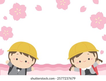 Spring background illustration of cherry blossoms and petals and elementary school students at entrance ceremony