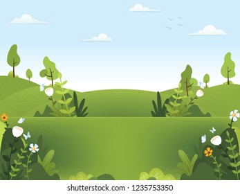 Spring background illustration. Nature green background with plants and flower. Beautiful spring scenery background