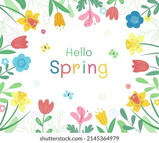 Spring background with the inscription Hello spring. Banner, greeting card, poster, invitation template, flyer. Vector illustration with flowers.