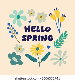 Spring background with the inscription Hello Spring. Vector illustration featuring flowers. Calligraphic text banner with handwritten Hello Spring words. Banner, poster, greeting card, flyer.