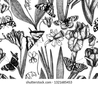 Spring background with insects and flowers drawings. Hand drawn botanical elements. Floral seamless pattern.  High detailed engraved butterflies. Perfect for banner design, textile, wrapping paper.