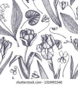 Spring background with insects and flowers drawings. Hand drawn botanical elements. Floral seamless pattern.  High detailed engraved butterflies. Perfect for banner design, textile, wrapping paper.