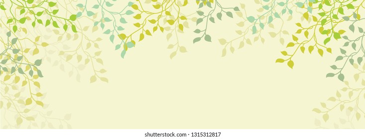 Spring background of ivy vines and leaves on pretty floral yellow or beige border, editable vector decoration