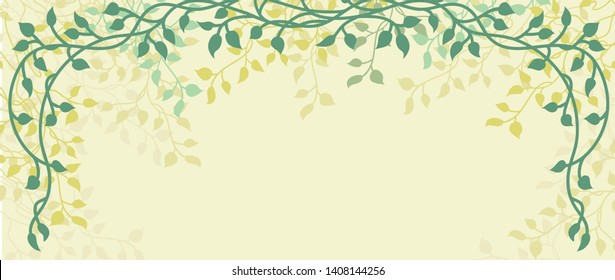 Spring background of ivy vines and leaves on pretty floral yellow or beige border, editable vector decoration