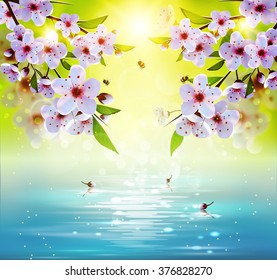 Spring background with japan cherry flowers and lake.