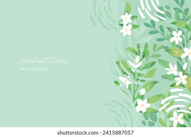 Spring background with jasmine green leaves frame background. Vector jasmine flower banners. Asiatic Jasmine Watercolor illustration. Hand drawn element design. Artistic vector jasmine design element.