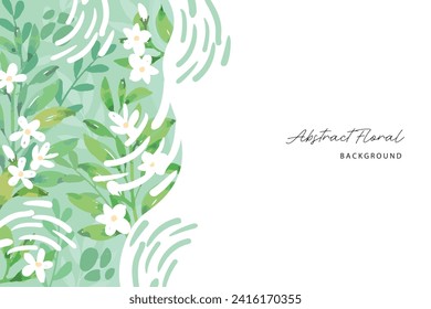 Spring background with jasmine green leaves frame background. Vector jasmine flower banners. Asiatic Jasmine Watercolor illustration. Hand drawn element design. Artistic vector jasmine design element.