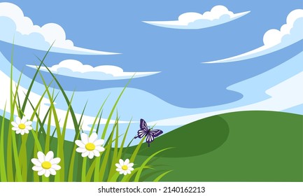 Spring background, landscape with flowers, grass, butterflies and blue sky. vector illustration.