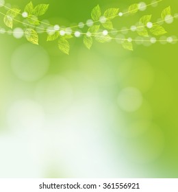Spring  background with  leaves and bokeh lights, vector illustration