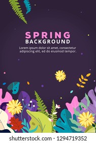 Spring background with leaves, flowers for poster, banner, flyer, invitation, website or greeting card. Spring print template with abstract first flowers and fantasy leaves. Vector illustration. 