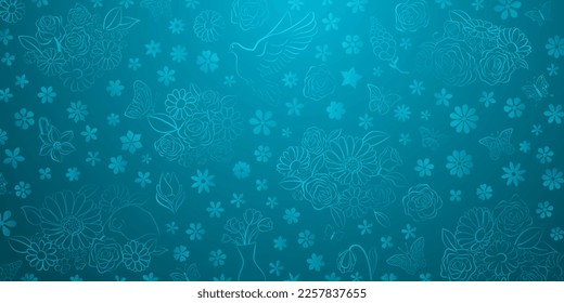 Spring background in light blue colors made of various flowers, birds and butterflies