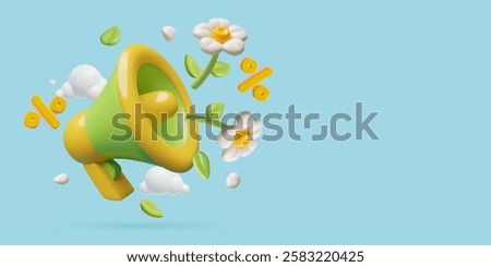 Spring background with a loudspeaker, flying flowers and percentage sign. Sale event announcement design. Vector illustration. 