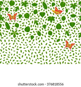 Spring background made of different tree leaves and butterflies. Various elements for design. Cartoon vector illustration. Green  fresh colors.