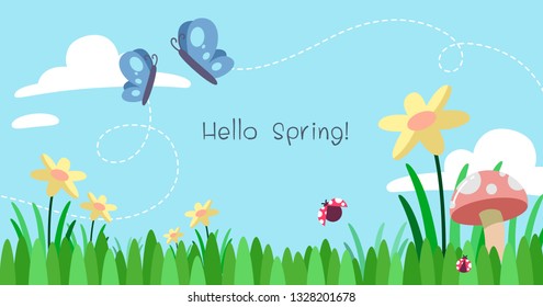 Spring Background Meadow Butterflies Ladybugs Stock Vector (Royalty ...
