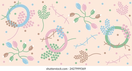 Spring background with multicolored branches, flowers, dots. Colorful vector illustration done in blue, beige, green, pink colors. For cards, banners, wallpaper, textile, wrapping