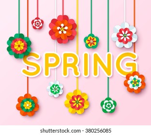 Spring Background with multicolored cutout paper flowers hanging on thread.  Vector eps10 format.