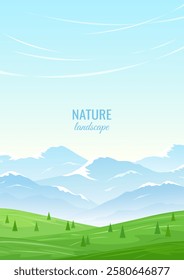 Spring background with natural mountain landscape. Green meadows and trees and snow-capped mountains in the distance. Clear blue sky. Sunny day in the countryside.