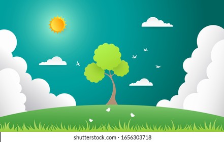  Frühlingshintergrund. Naturlandschaft in flachem Design