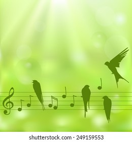 Spring background with notes and birds on a  blurred  green background