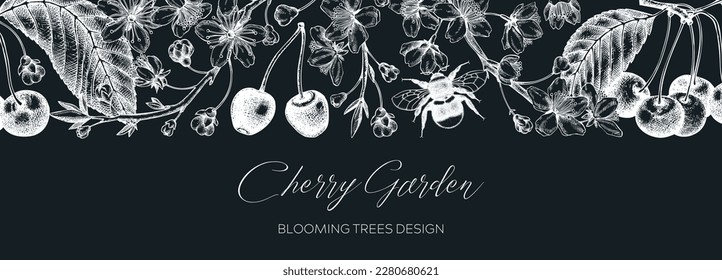 Spring background on a chalkboard. Cherry blossom tree border in sketch style. Vector banner with hand-drawn cherry berries, leaves, and flowering branches illustrations. Vintage Sakura flower design