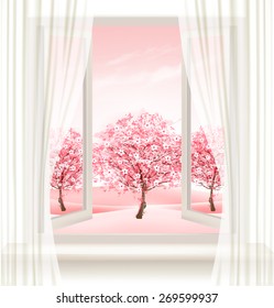 Spring Background With An Open Window And Blossoming Pink Sakura. Vector.