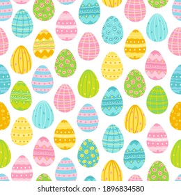 Spring background with painted Easter eggs. Digital paper. Vector hand-drawn illustration in pastel colors. Ideal for textiles, fabric printing