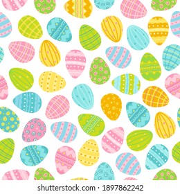 Spring background with painted Easter eggs. Digital paper. Vector hand-drawn illustration in pastel colors. Ideal for textiles, fabric printing